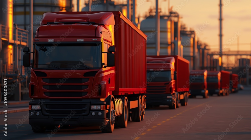 Red delivery trucks lined up at an industrial site during sunset, showcasing transportation logistics and cargo handling in an urban environment. Red delivery trucks lined up at an industrial site during sunset, showcasing transportation logistics and cargo handling in an urban environment.