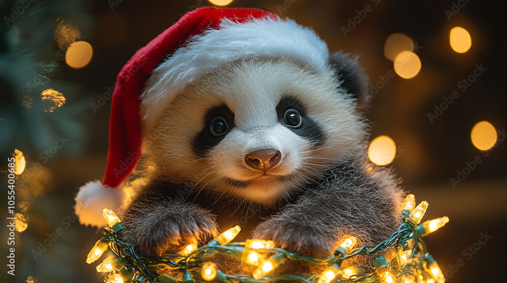 Little cute panda in a New Year's hat close-up Little cute panda in a New Year's hat close-up