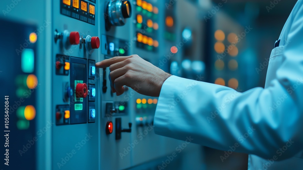 A technician in a lab coat interacts with a complex control panel filled with buttons and lights, indicating a high-tech environment. A technician in a lab coat interacts with a complex control panel filled with buttons and lights, indicating a high-tech environment.