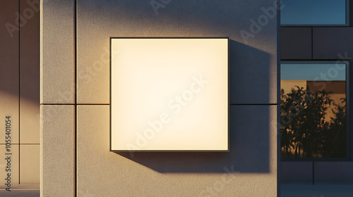 Square light box empty display on beige concrete wall outside, mock up. created with Generative AI technology photo