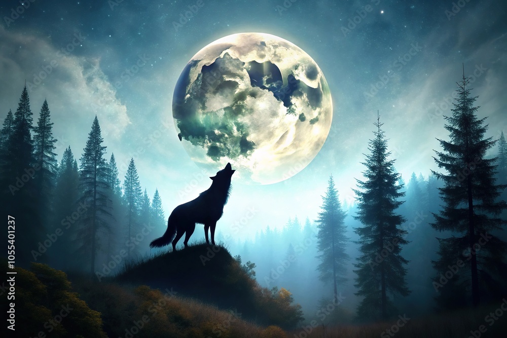 Dense forest landscape with a wolf's silhouette against a full moon background, night sky, arboreal trees, forest Dense forest landscape with a wolf's silhouette against a full moon background, night sky, arboreal trees, forest