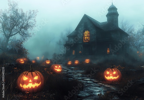 Mystical Halloween Village with Glowing Pumpkins and Spooky Houses in Dark Fantasy Style photo