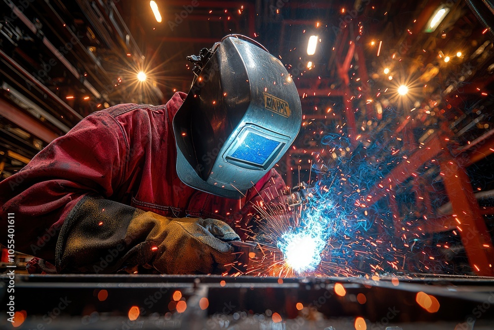 Welder in Protective Gear Working on a Metal Project with Sparks Flying Welder in Protective Gear Working on a Metal Project with Sparks Flying