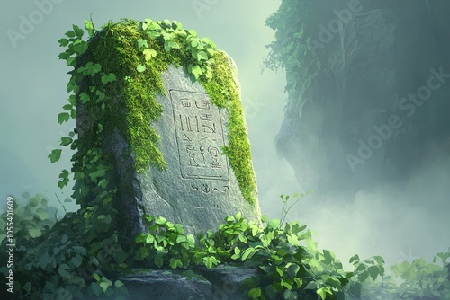 Moss-covered stone with ancient inscriptions in a lush forest photo