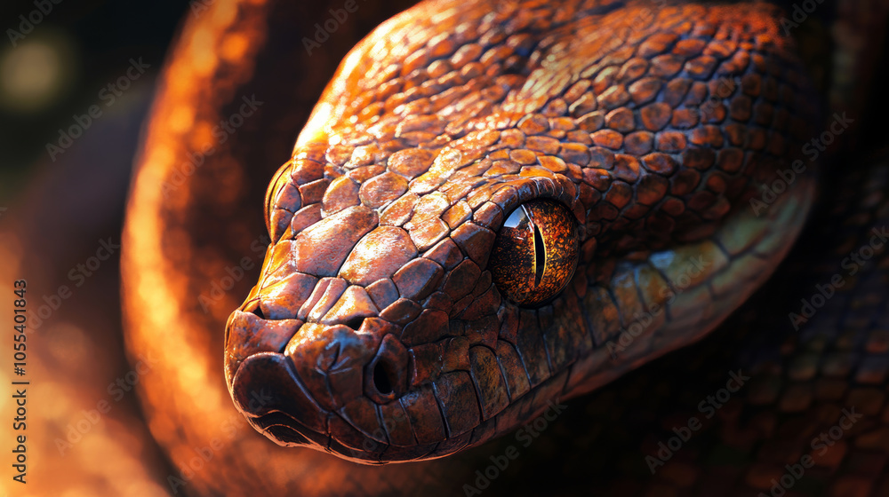 Close-up of the head of a brown snake in the sunlight. Close-up of the head of a brown snake in the sunlight.