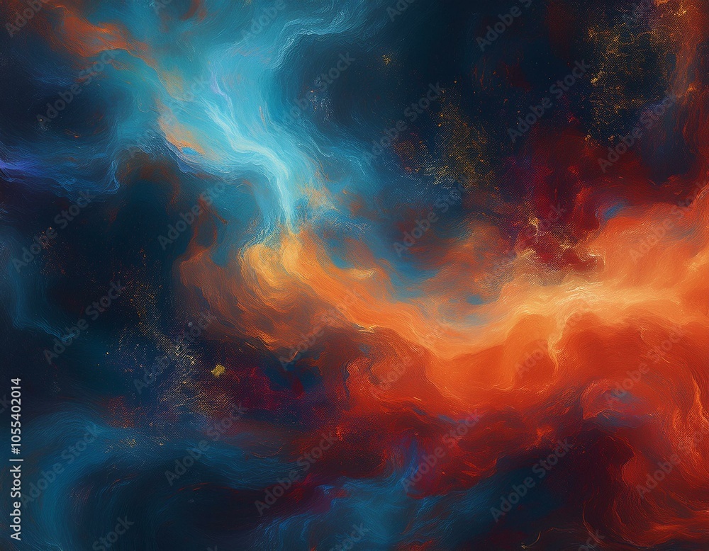 Grainy outer space nebula background with a grunge noise texture blending blue, orange, red, and black, ideal for cosmic designs and digital art Grainy outer space nebula background with a grunge noise texture blending blue, orange, red, and black, ideal for cosmic designs and digital art