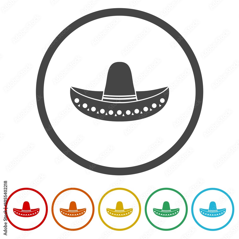 Traditional Mexican sombrero hat icon. Set icons in color circle buttons Traditional Mexican sombrero hat icon. Set icons in color circle buttons