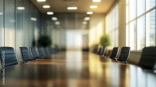 Modern office hall interior with glass-walled meeting room, featuring blurred background for a professional and corporate workspace setting