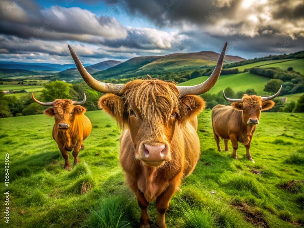 Close-Up of Majestic Scottish Highland Cows in Scenic Field - Wide Angle View of Cattle Grazing in a Close-Up of Majestic Scottish Highland Cows in Scenic Field - Wide Angle View of Cattle Grazing in a