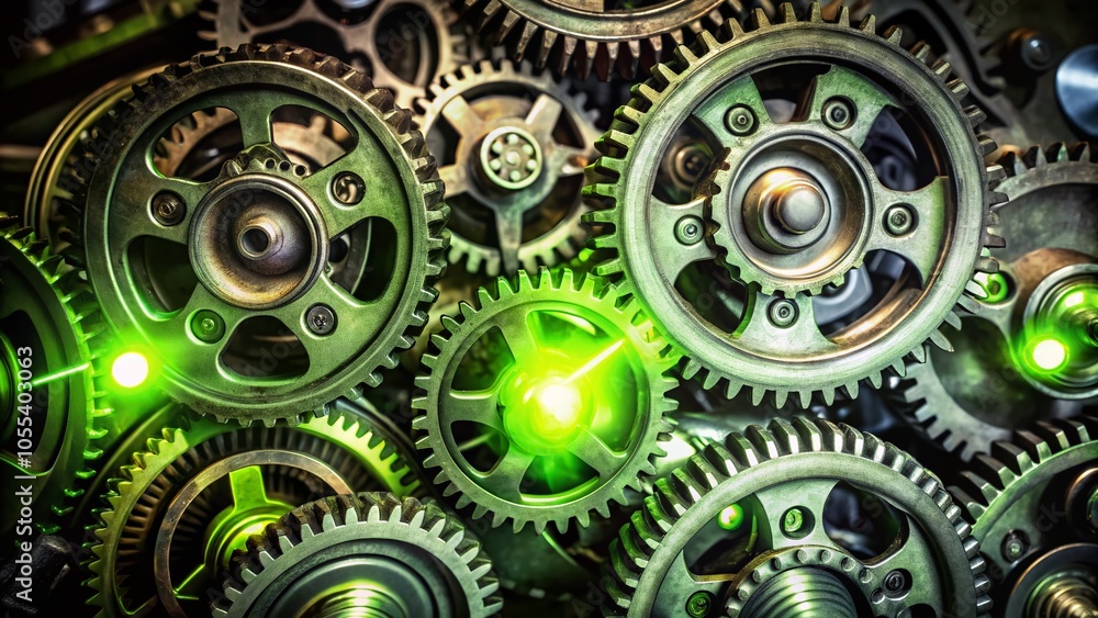 Close-up of Metal Gears with Warm Industrial Glow Showcasing Mechanical Precision and Engineering in a Technology and Close-up of Metal Gears with Warm Industrial Glow Showcasing Mechanical Precision and Engineering in a Technology and