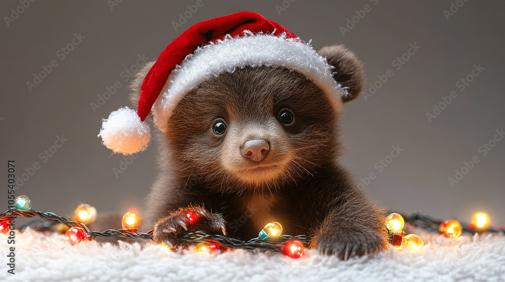 Cute little bear in a New Year's hat close-up Cute little bear in a New Year's hat close-up