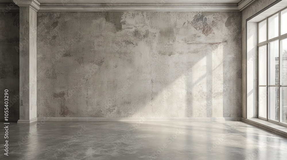 Modern minimalist room interior with empty concrete wall ready for text or design, industrial style living space with bright natural light