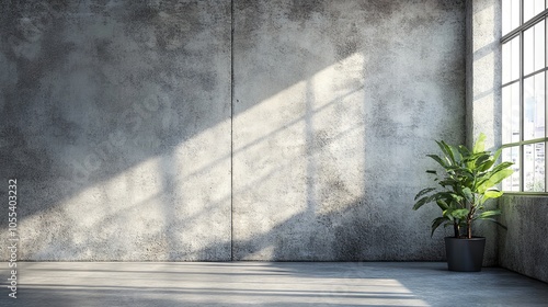 Obraz na płótnie Modern minimalist room interior with empty concrete wall ready for text or design, industrial style living space with bright natural light w salonie