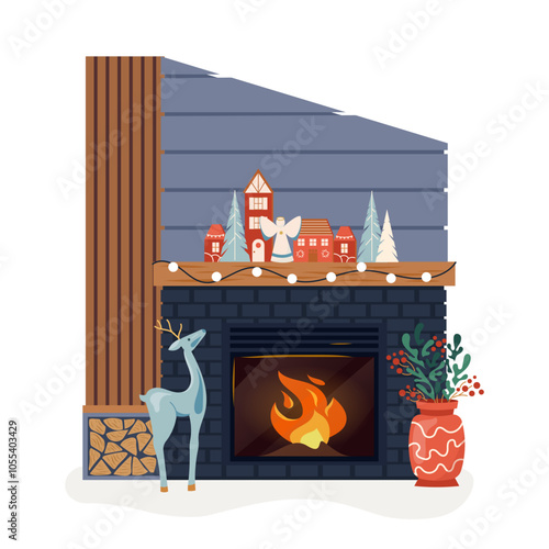 Christmas interior with modern fireplace faced with black brick, decorated trendy design elements. Home winter bonfire blazing inviting warm fire Cozy hearth exudes holiday cheer. Vector illustration