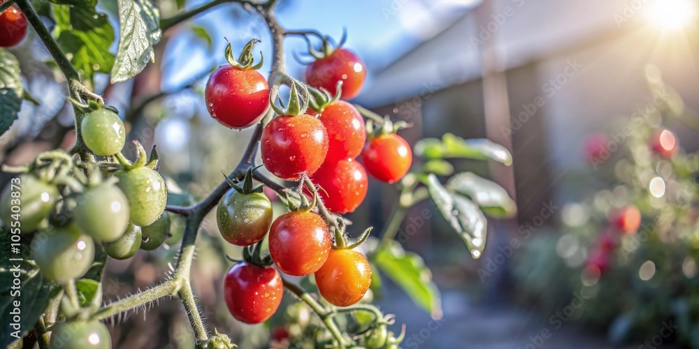 Obraz premium Close-Up of Vibrant Red Mini Tomatoes in Autumn Garden for Fresh Produce and Nature Lovers