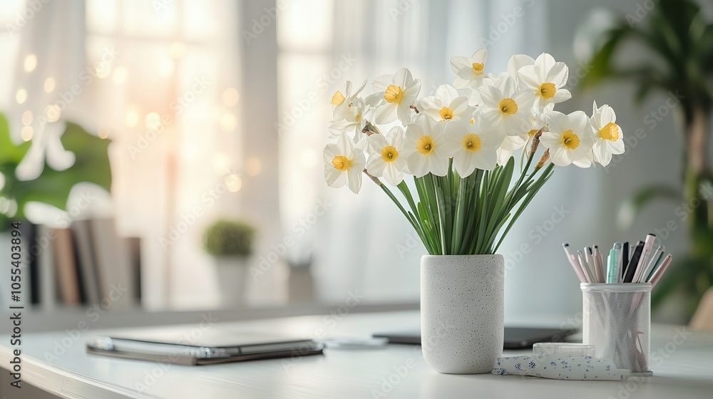 Cozy home office setup with white daffodils in a vase, minimalist blogger workspace with office supplies on a light, bright background Cozy home office setup with white daffodils in a vase, minimalist blogger workspace with office supplies on a light, bright background
