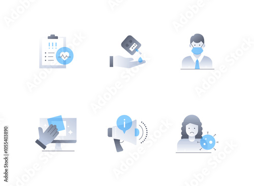 Health check up - flat design style icons set. High quality colorful images of patient card, blood test, protective mask, sanitizer and treatment, important message and contagious virus idea