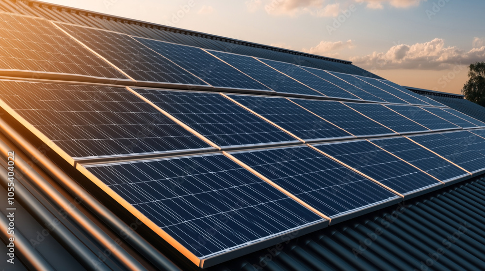Φωτογραφία Close-up of solar panels installed on a sloped rooftop during sunset with clear sky and clouds in the background for renewable energy generation