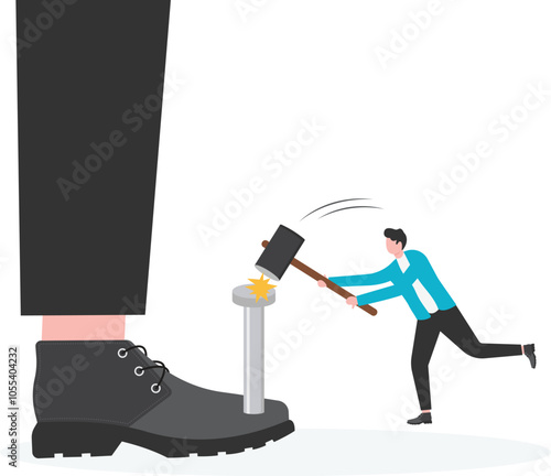 Abuse, crush and attack of giant boss foot to business people illustration. Cartoon team of small employees fighting with big shoes of corporate leader. Authority, leadership, conflict concept

