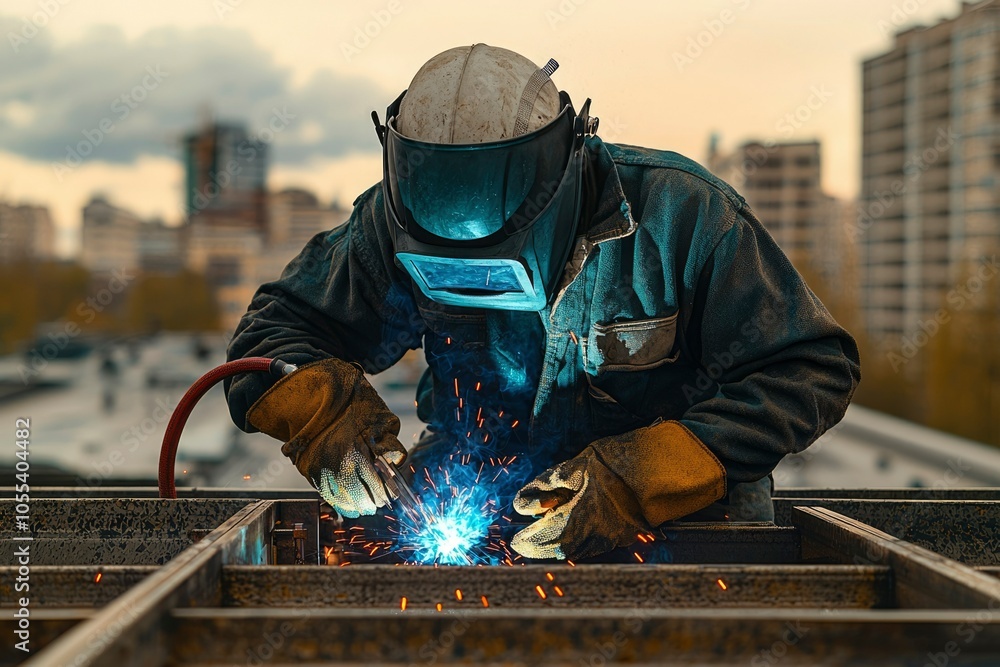 Welder Working on a Metal Structure with Sparks Flying Welder Working on a Metal Structure with Sparks Flying