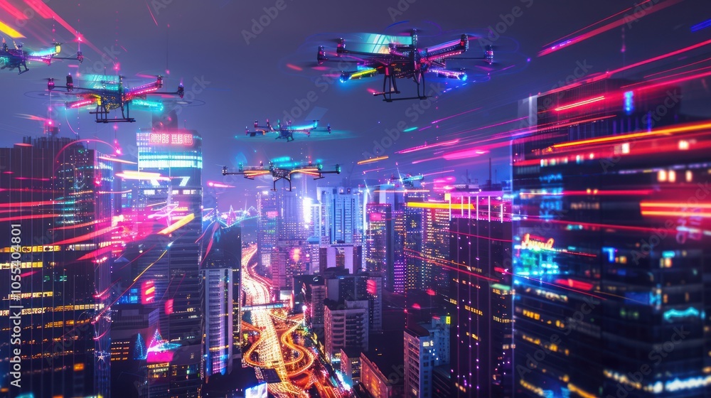 Drones Flying Over a Neon Cityscape Drones Flying Over a Neon Cityscape