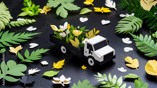 paper craft delivery truck surrounded by handcut foliage on ebony surface photo