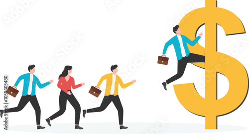Businessmen are running inside the dollar sign, investing in ways and opportunities to make money, doors to success,

