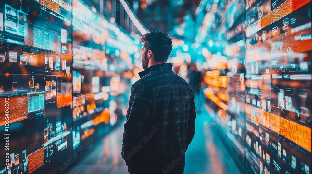 Man walking through a futuristic digital environment with glowing data displays Man walking through a futuristic digital environment with glowing data displays
