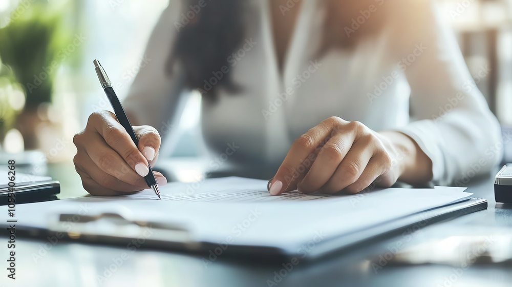 Professional woman writing notes at desk, focus on hands and pen, soft lighting ambiance. Professional woman writing notes at desk, focus on hands and pen, soft lighting ambiance.