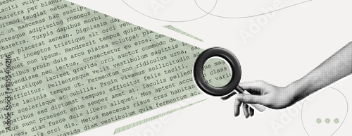 Trendy Halftone Collage Hand holding magnifying glass for searching information. Archive data page. Analyse report. Find literature for study. Seo marketing. Contemporary vector illustration art