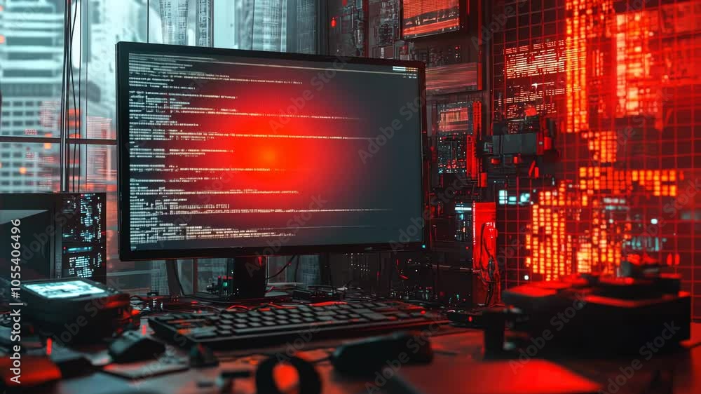 A close up of a computer monitor with code on the screen, surrounded by red lights. A close up of a computer monitor with code on the screen, surrounded by red lights.