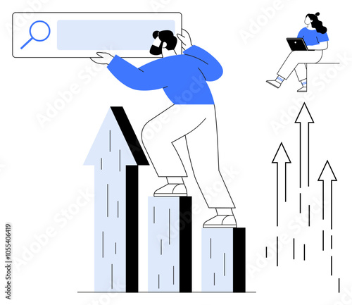 Man lifting a giant search bar while standing on bar graph, woman working on laptop, several arrows pointing upwards. Ideal for business, SEO, marketing, analysis, growth, productivity, technology