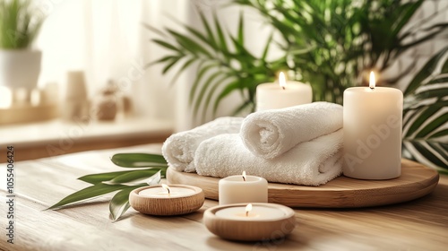 Relaxing spa setup with candles, towels, and greenery on wooden table.