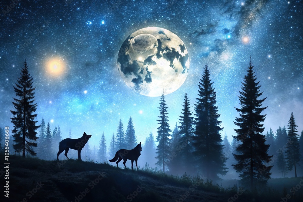 Moonlit forest landscape with silhouetted wolves roaming freely under a vast, starry sky, branches, wildlife, moonlight, forest floor, trees Moonlit forest landscape with silhouetted wolves roaming freely under a vast, starry sky, branches, wildlife, moonlight, forest floor, trees