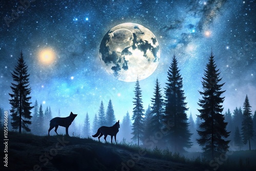 Wallpaper Mural Moonlit forest landscape with silhouetted wolves roaming freely under a vast, starry sky, branches, wildlife, moonlight, forest floor, trees Torontodigital.ca