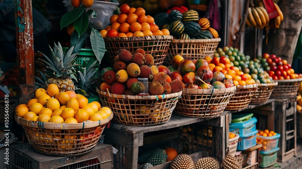 Tropical fruits in baskets selling on the stree Tropical fruits in baskets selling on the stree