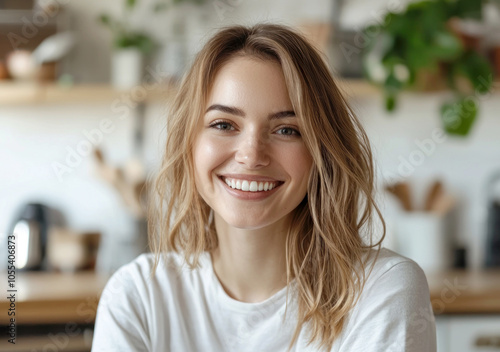 Smiling woman with blonde hair in a white shirt standing in a bright kitchen Generative AI