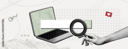 Trendy Halftone Collage Computer laptop with search bar and hand holds magnifier glass. Seo marketing concept. Website page. Internet analysis. Hire job online. Contemporary vector art illustration