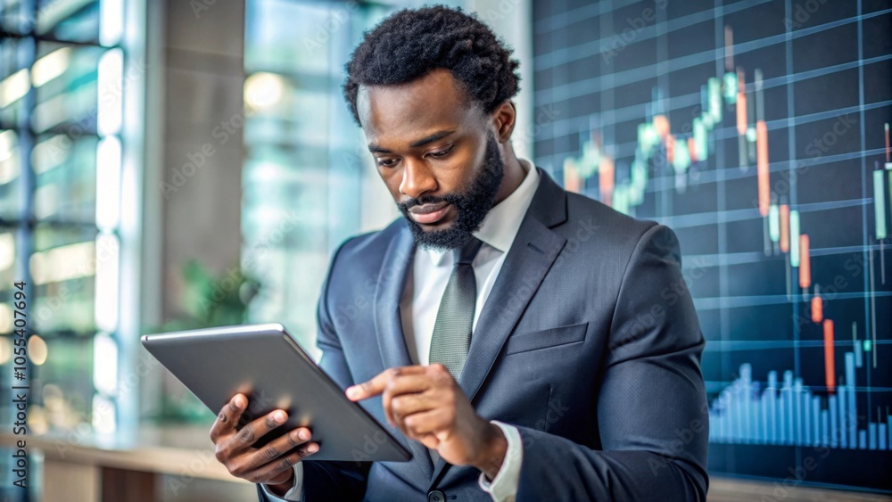 African businessman working in tablet forex analysit African businessman working in tablet forex analysit