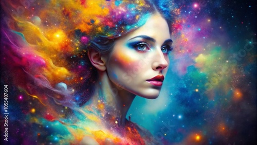 Beautiful fantasy abstract portrait of a beautiful in colorful galaxy