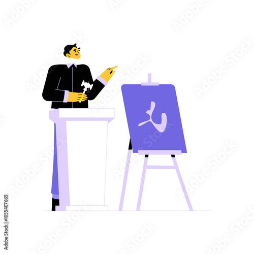 Male Auctioneer With Gavel And Art Display In Flat Vector Illustration Symbolizing Auction, Art Sales, And Business, Isolated On White Background