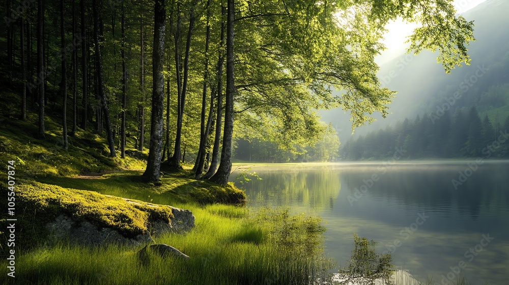 Fototapeta premium Tranquil lake surrounded by lush green forests under soft morning light.