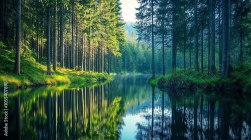 Tranquil forest scene reflecting in calm water under soft sunlight.