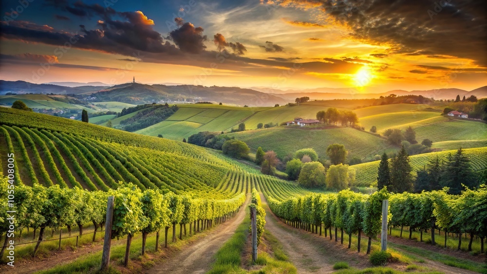 Fototapeta premium Panoramic view of an Italian vineyard at sunset with rolling hills and grapevines, winery views, sunsets, countryside, golden hour