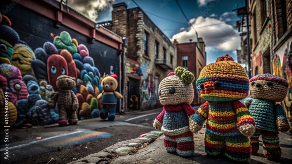 Fototapeta premium Colorful Crocheted Characters in an Urban Rainbow Wonderland for Exploration Photography