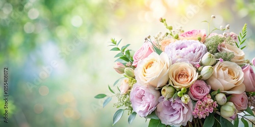 Pastel colored flower bouquet with a subtle greenery background, floral composition, botanical arrangement