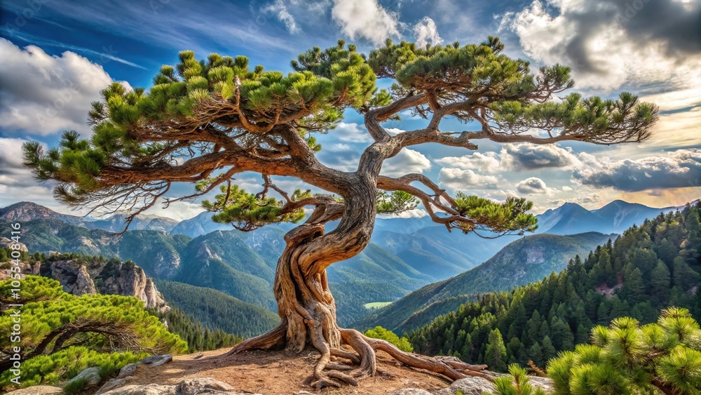 Pine tree with twisted and gnarled trunk and branches in a scenic mountain landscape, outdoor, mountainside, coniferous Pine tree with twisted and gnarled trunk and branches in a scenic mountain landscape, outdoor, mountainside, coniferous