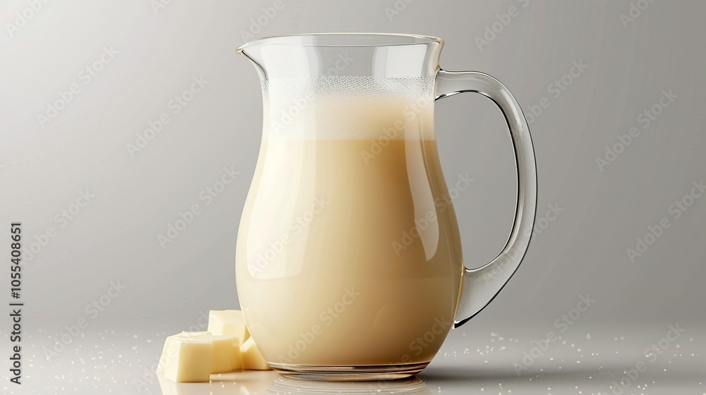 A glass pitcher filled with a creamy white liquid, with squares of white chocolate in front, on a white background. A glass pitcher filled with a creamy white liquid, with squares of white chocolate in front, on a white background.