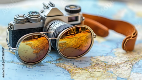 Vintage camera and sunglasses on a map, perfect for travel enthusiasts and photography lovers. photo