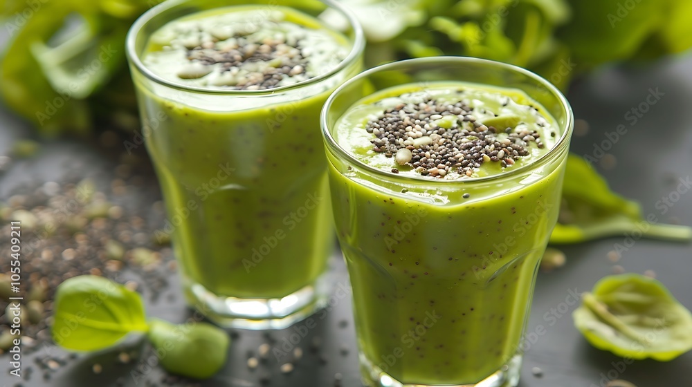 Two glasses of green smoothies with topped with seeds antioxidant and healthy breakfast Two glasses of green smoothies with topped with seeds antioxidant and healthy breakfast